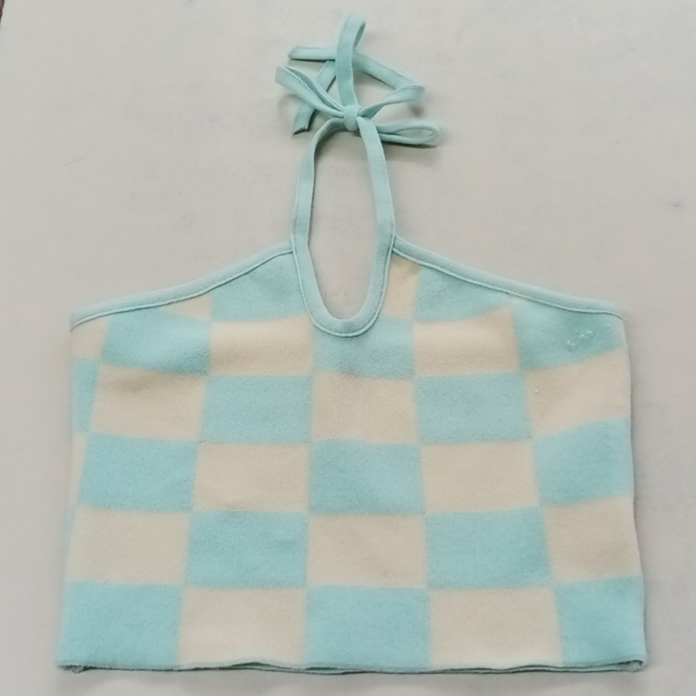 Debut Teal/Canary color checker board halter crop top size S